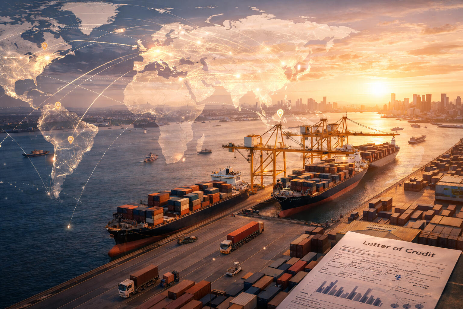 Comercio Internacional y Financiamiento de Supply Chain Comercio internacional y financiamiento de supply chain con puertos, contenedores y rutas globales, representando liquidez estructurada, tokenización de activos comerciales y acceso a capital global para exportaciones e importaciones.