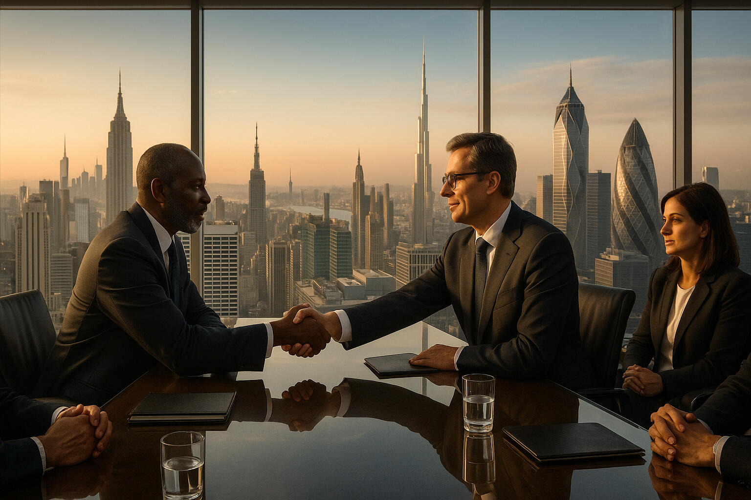 Ultra-realistic photo of international financial executives shaking hands across a large glass table inside a modern skyscraper boardroom with panoramic view of global city skylines (New York, São Paulo, Dubai, London). Soft morning light, warm professiona