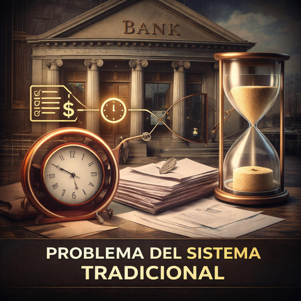 Problema del sistema tradicional Representación de procesos bancarios tradicionales con papeleo y tiempos prolongados, ilustrando las limitaciones del sistema financiero convencional para acceso oportuno a capital.