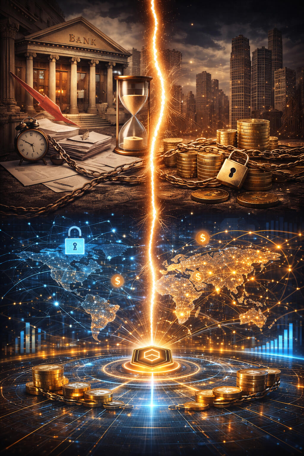 La Realidad del Financiamiento Tradicional vs. La Nueva Economía del Capital Comparación entre el sistema financiero tradicional con burocracia y capital bloqueado frente a la nueva economía digital basada en tokenización de activos, conectividad global y acceso estructurado a liquidez internacional.