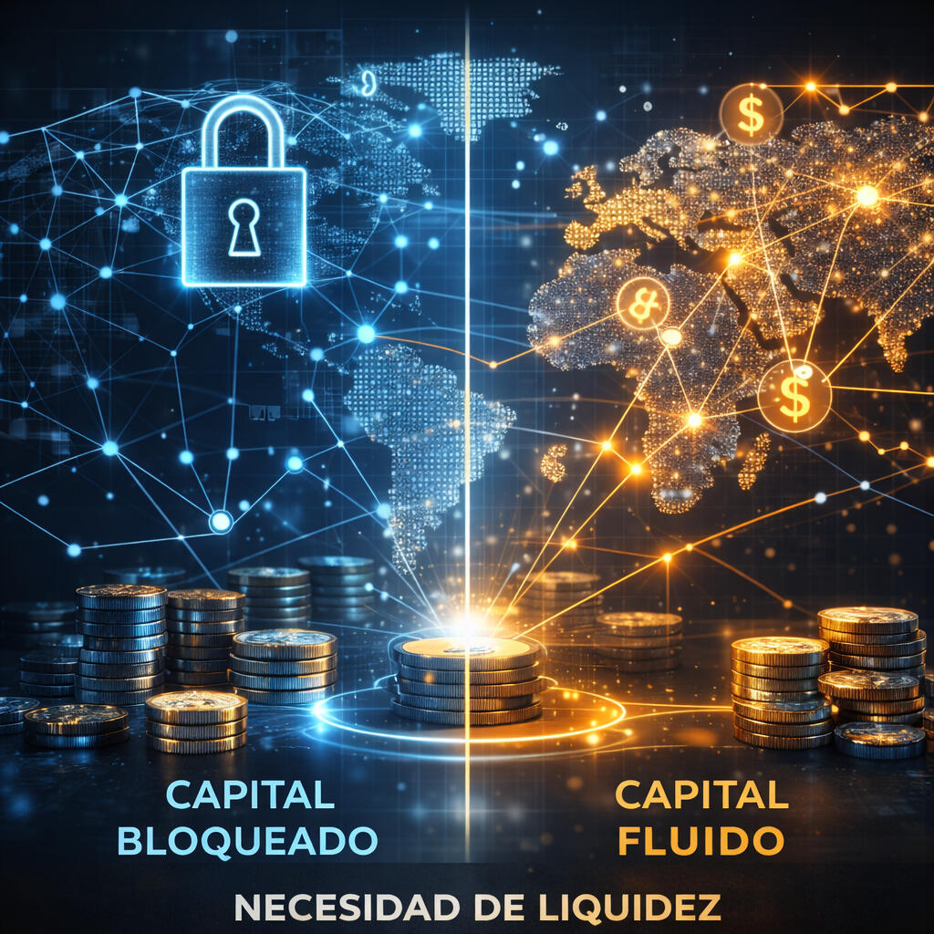 Concepto de Necesidades de Liquidez Representación de capital bloqueado frente a capital fluido en red global, ilustrando la necesidad de liquidez estructurada y acceso eficiente a mercados internacionales de financiamiento.