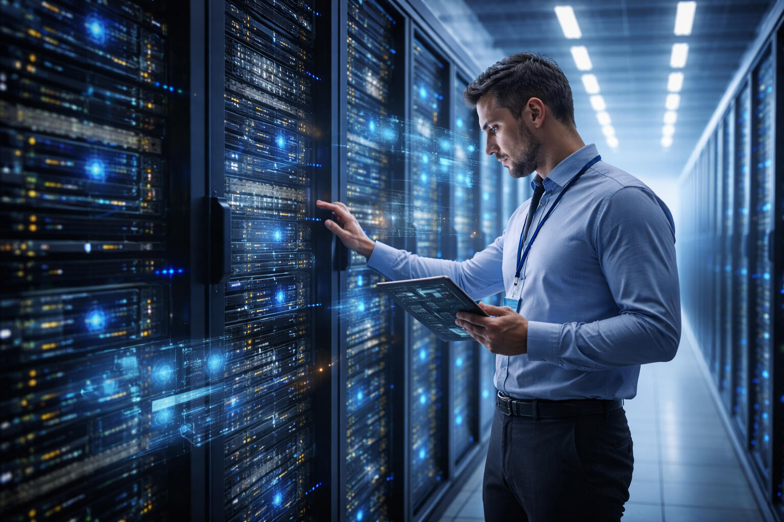 Infraestructura Tecnológica y Data Centers Profesional verificando servidores en un data center de alta capacidad, representando infraestructura tecnológica estructurada mediante SPVs y tokenización de activos reales para acceso a capital institucional.