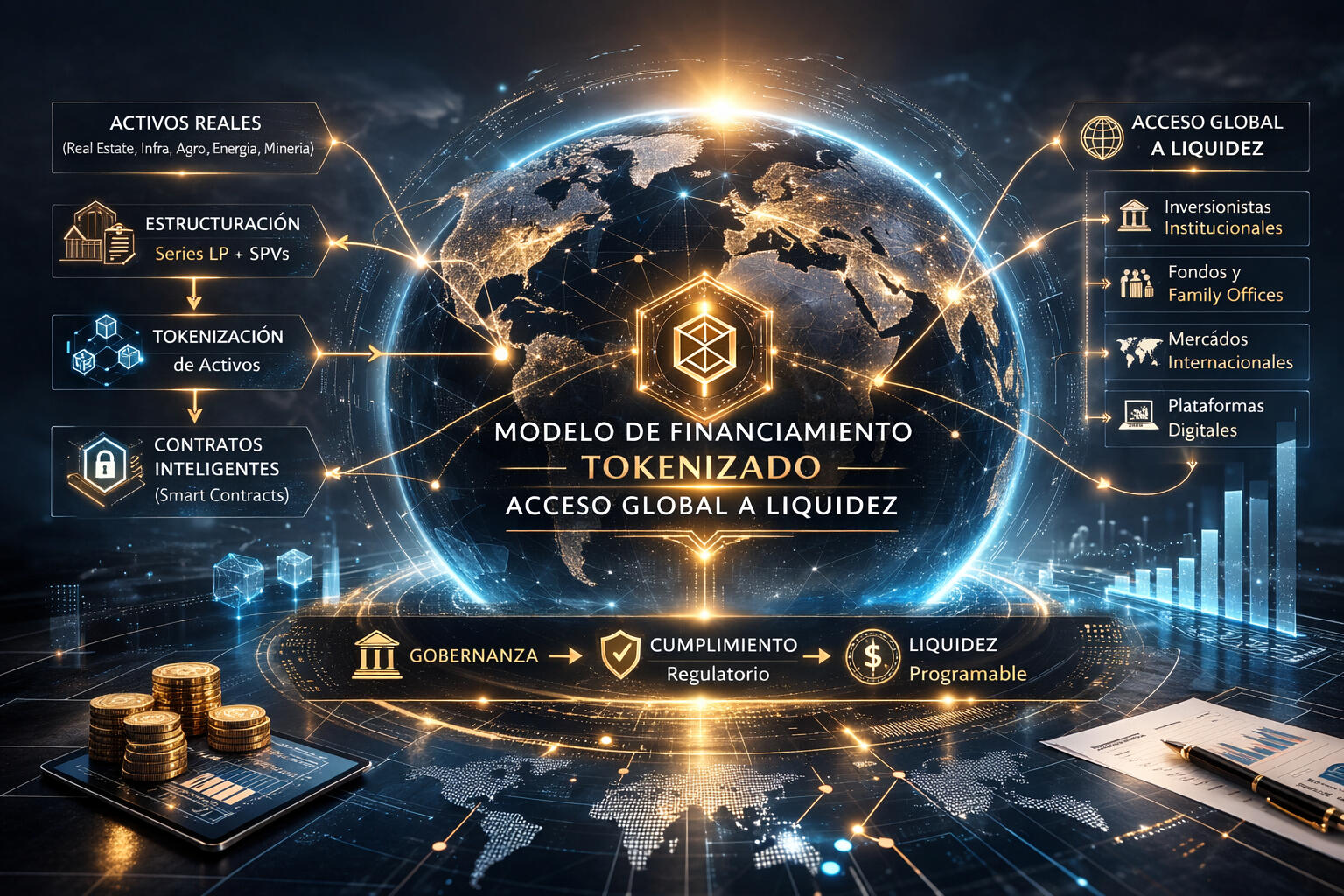 Financiamiento estructurado basado en tokenización de activos reales, integrando SPVs, Series LP y conectividad global para optimizar liquidez y acceso a capital internacional.